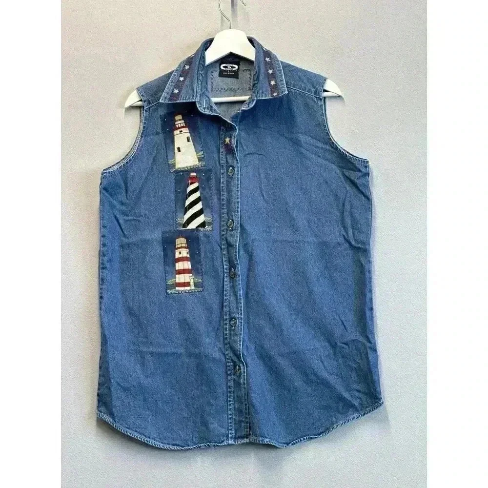 Vintage Three Rivers Womans Size Large Denim Light House Vest Made In Usa
